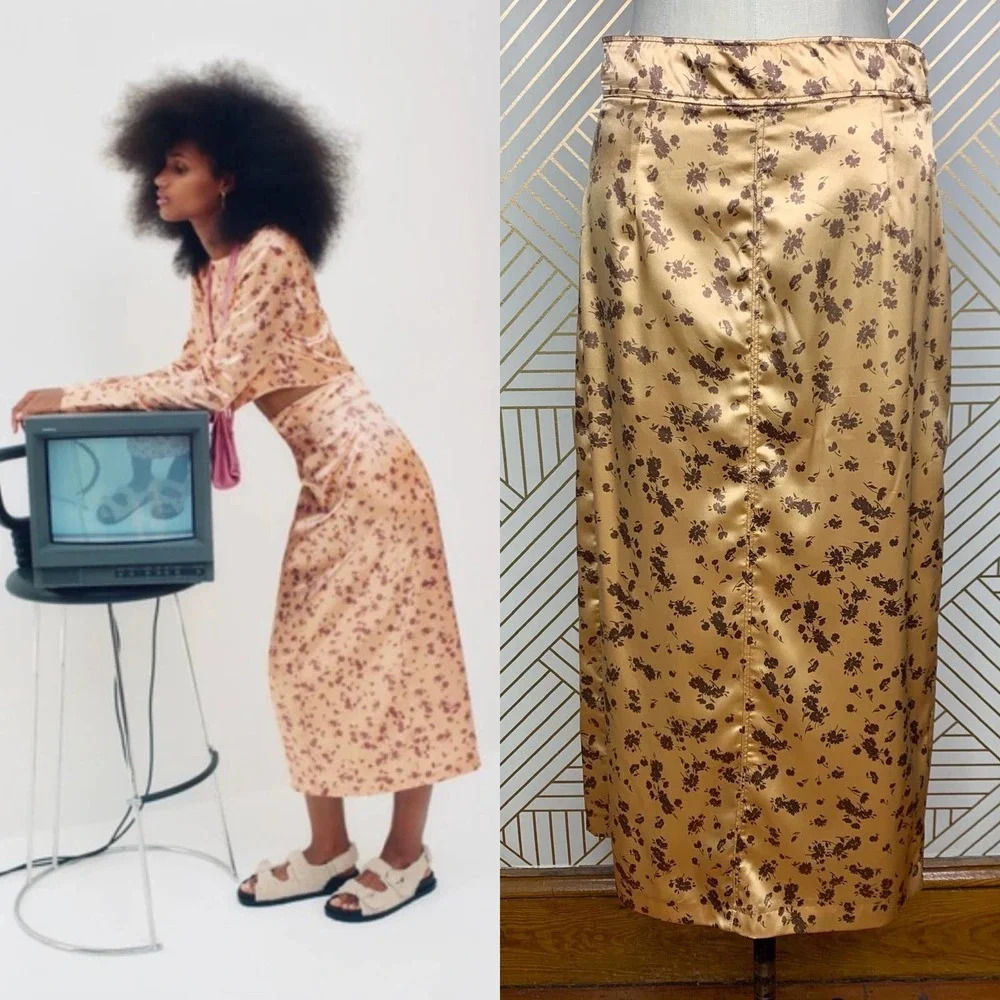 Zara Floral Print Slip Midi Skirt In Tan Gold Brown Satin Size‎ US Medium